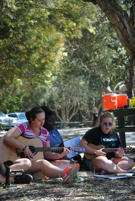 Musicians playing guitars and ukulele at Brown Lake